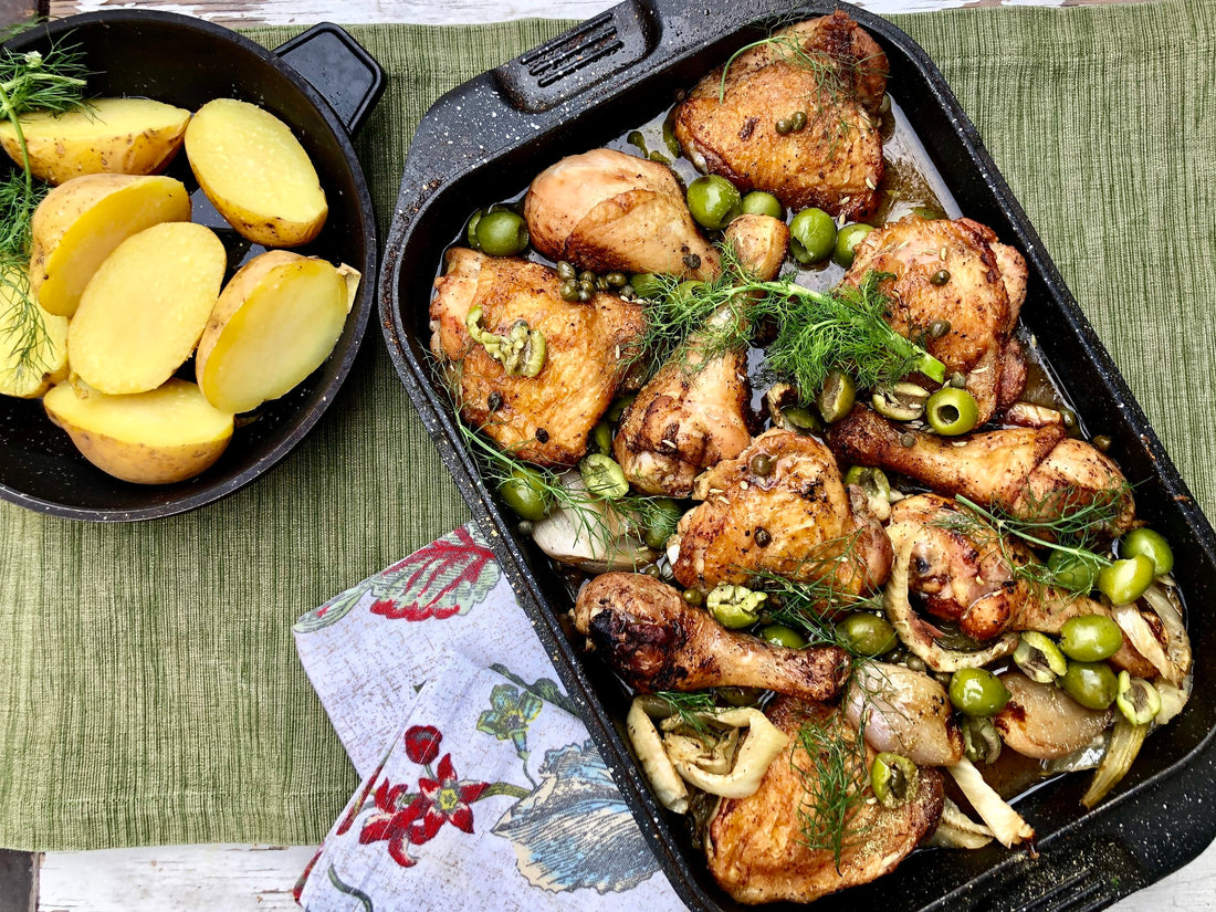 DOUBLE ROASTER CHICKEN WITH FENNEL, OLIVES, CAPERS AND GARLIC